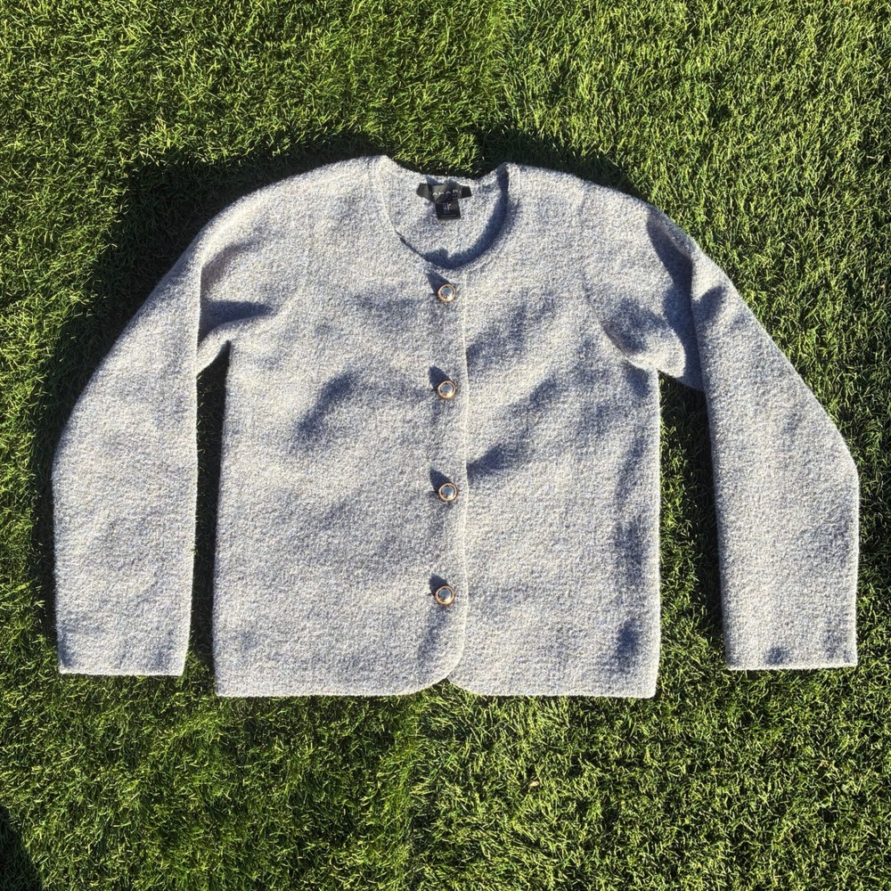 Tahari Small Grey Boiled Nylon Blend Button Front Cardigan Sweater Gold Buttons